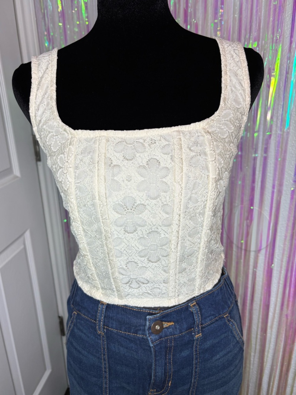 Self Esteem Floral Cream Lace Square-Neck Corset Structured Top Smocked Back